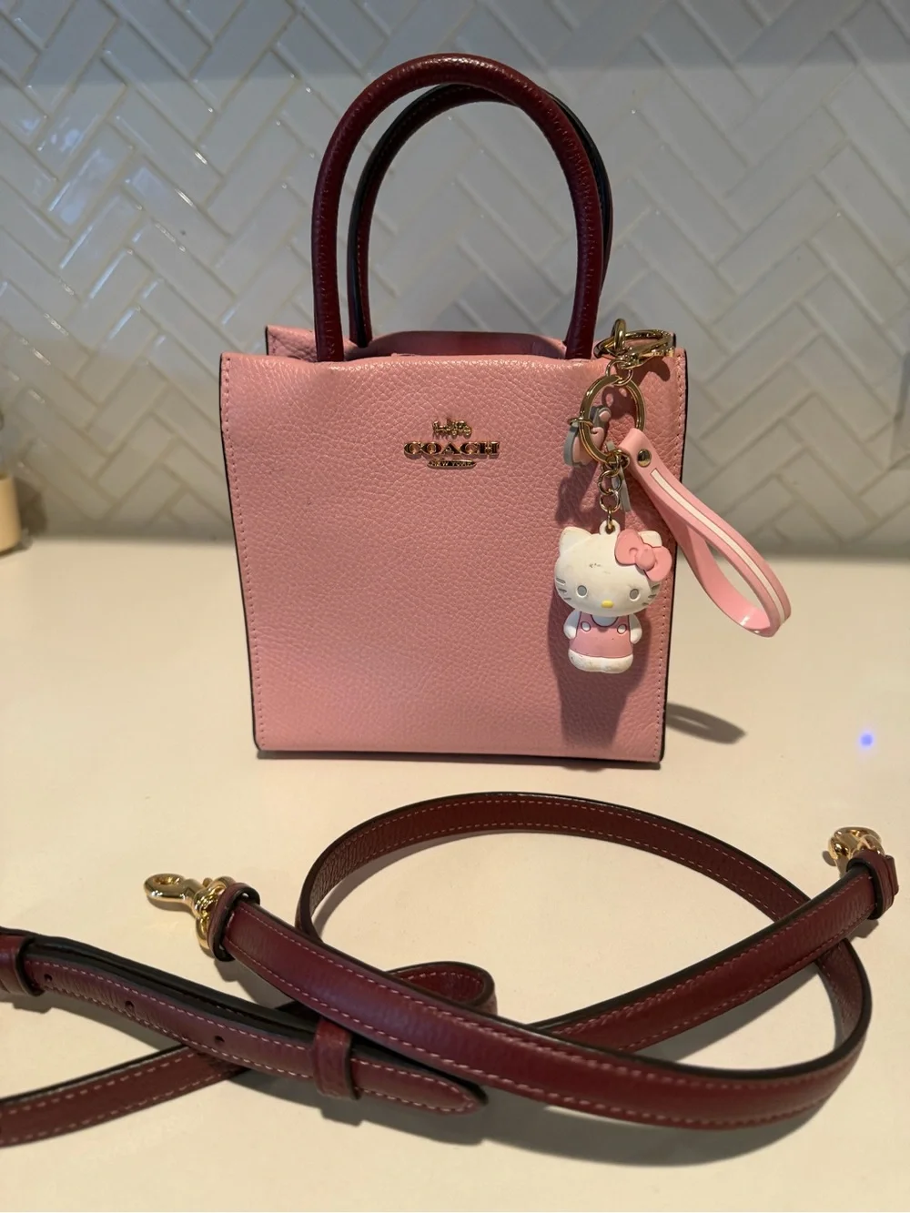 COACH Pink Mini Tote with Burgundy Handles and Strap